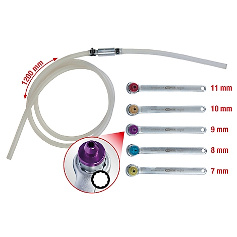 Ein Set zur Entlüftung von Bremsen, bestehend aus Schlauch, Metallverbindungen und verschiedenfarbigen Schlüsseln mit Größenangaben.